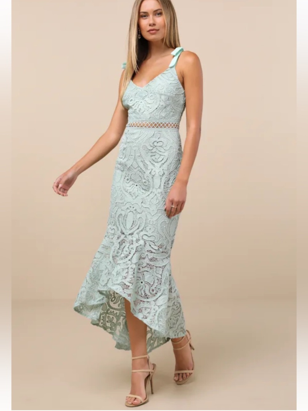 Won Your Heart Sage Green Lace Tie-Strap High-Low Midi Dress Size X Large - Picture 10 of 10